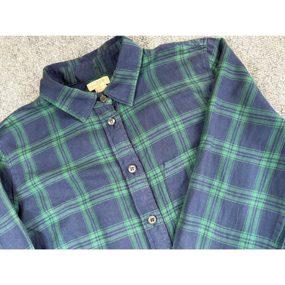 J.Crew Womens Small Petite Black Watch Plaid Flannel Button Down Shirt Navy